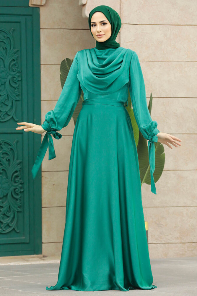 Satin Green Islamic Long Sleeve Maxi Dress 38031Y - 3