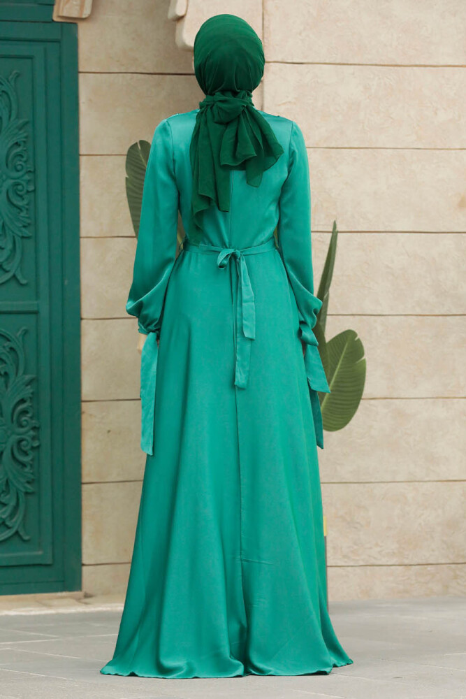 Satin Green Islamic Long Sleeve Maxi Dress 38031Y - 4
