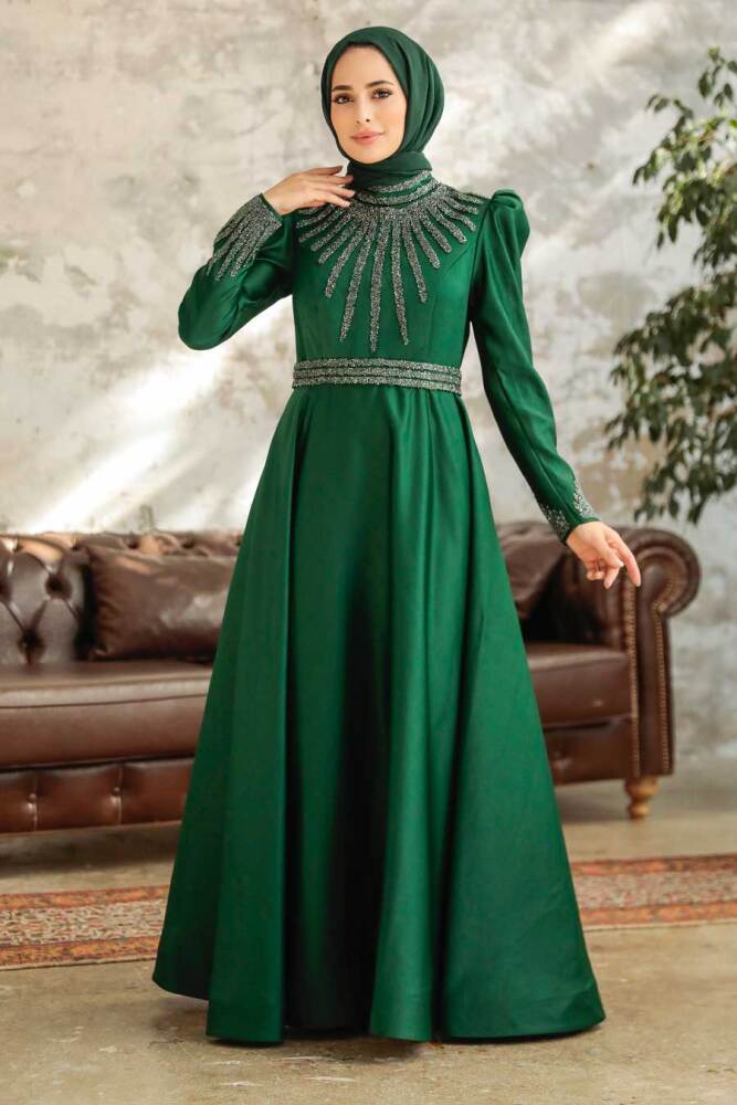 Neva Style - Satin Green Modest Islamic Clothing Wedding Dress 22840Y - 2