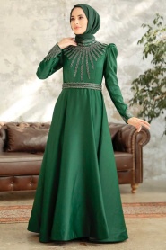 Neva Style - Satin Green Modest Islamic Clothing Wedding Dress 22840Y - Thumbnail