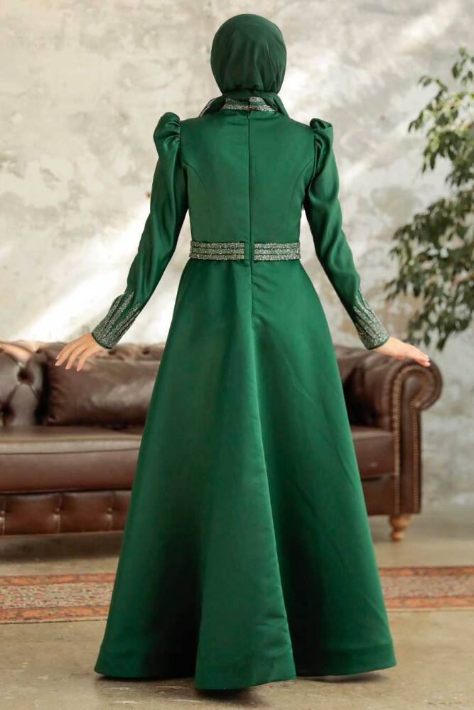 Neva Style - Satin Green Modest Islamic Clothing Wedding Dress 22840Y - 4