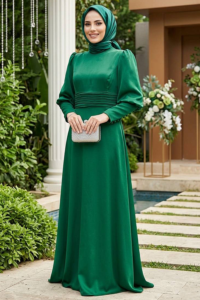Satin Green Muslim Bridesmaid Dress 4171Y - 1