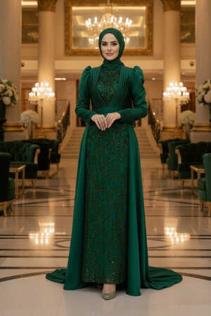Satin Green Muslim Wedding Gown 23082Y - 1