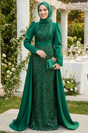 Satin Green Muslim Wedding Gown 23082Y - 1