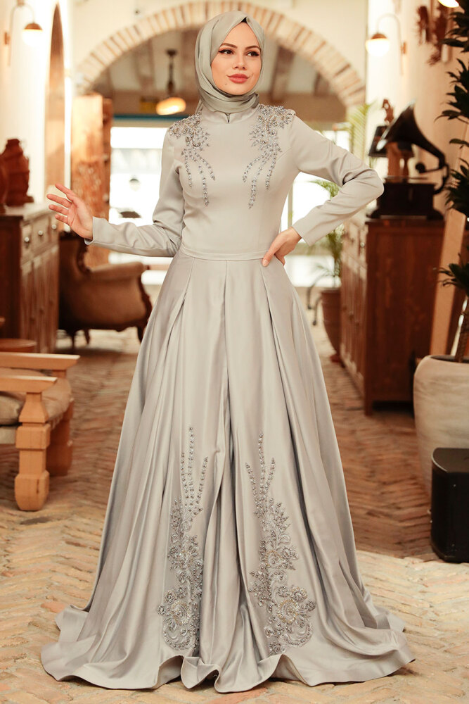 Neva Style - Satin Grey Hijab Long Sleeve Dress 777GR - 1