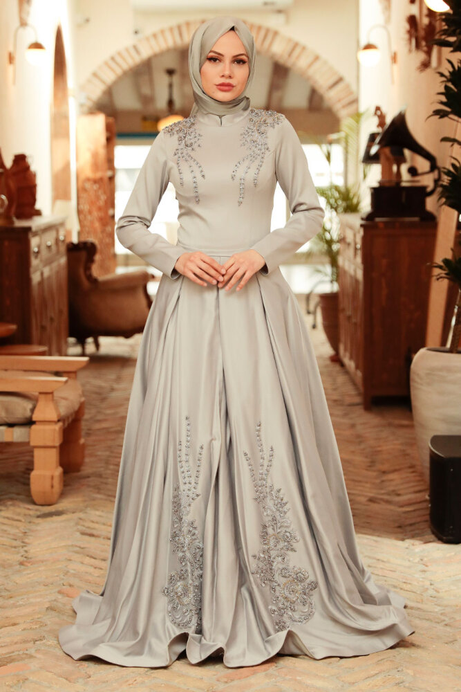 Neva Style - Satin Grey Hijab Long Sleeve Dress 777GR - 2