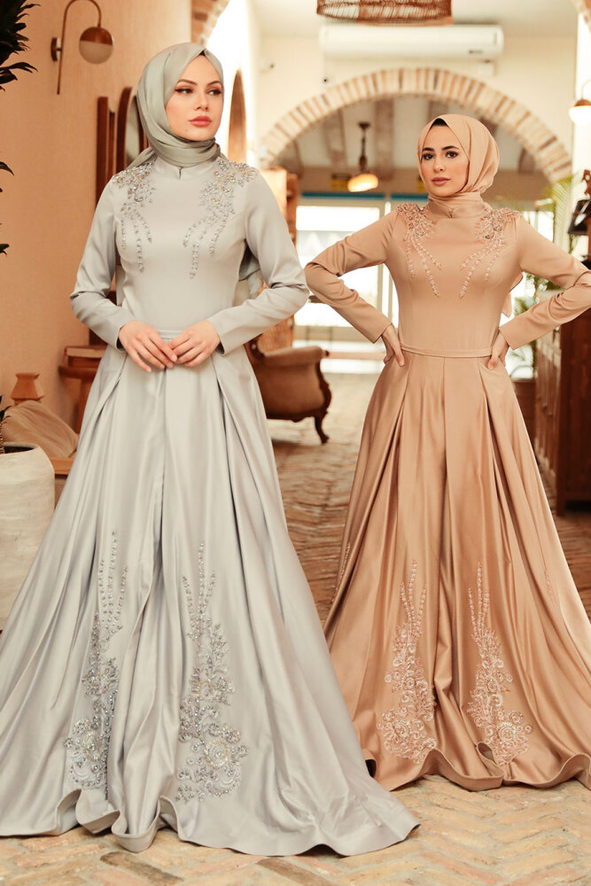 Neva Style - Satin Grey Hijab Long Sleeve Dress 777GR - 3