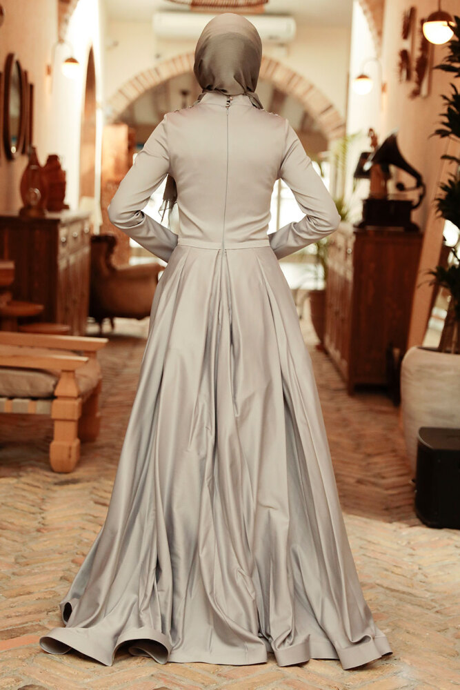 Neva Style - Satin Grey Hijab Long Sleeve Dress 777GR - 4