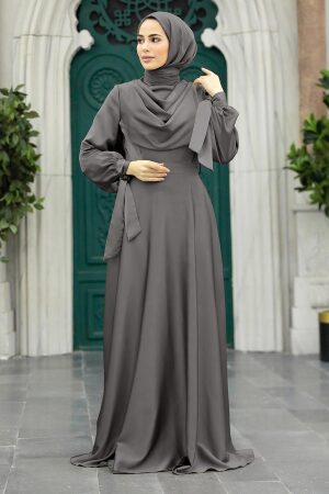 Satin Grey Islamic Long Sleeve Maxi Dress 38031GR - 1