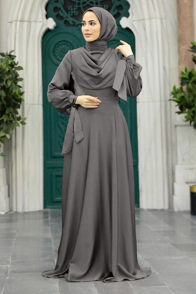 Satin Grey Islamic Long Sleeve Maxi Dress 38031GR - 1
