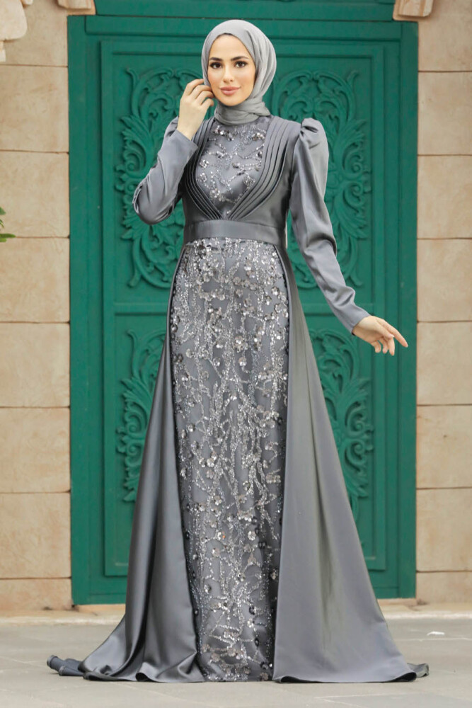 Satin Grey Muslim Wedding Gown 23082GR - 1
