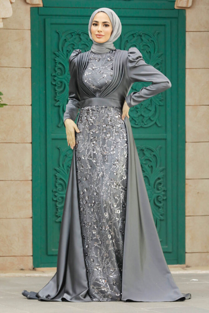 Satin Grey Muslim Wedding Gown 23082GR - 2