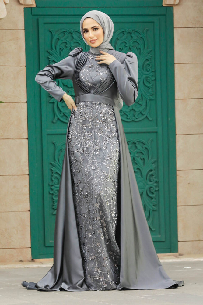 Satin Grey Muslim Wedding Gown 23082GR - 3
