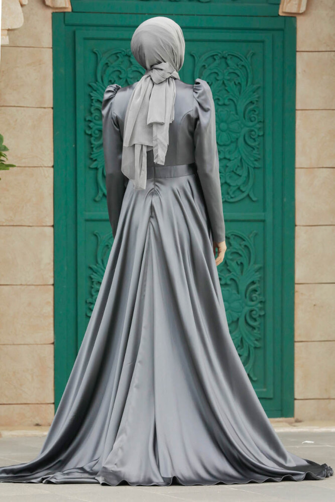 Satin Grey Muslim Wedding Gown 23082GR - 4