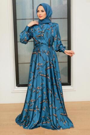 Neva Style - Satin İndigo Blue Hijab Dress 3438IM - 1