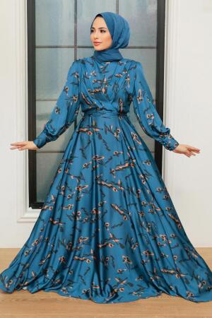 Neva Style - Satin İndigo Blue Hijab Dress 3438IM - 2