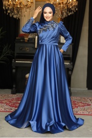 Neva Style - Satin İndigo Blue Hijab Wedding Gown 22401IM - Thumbnail