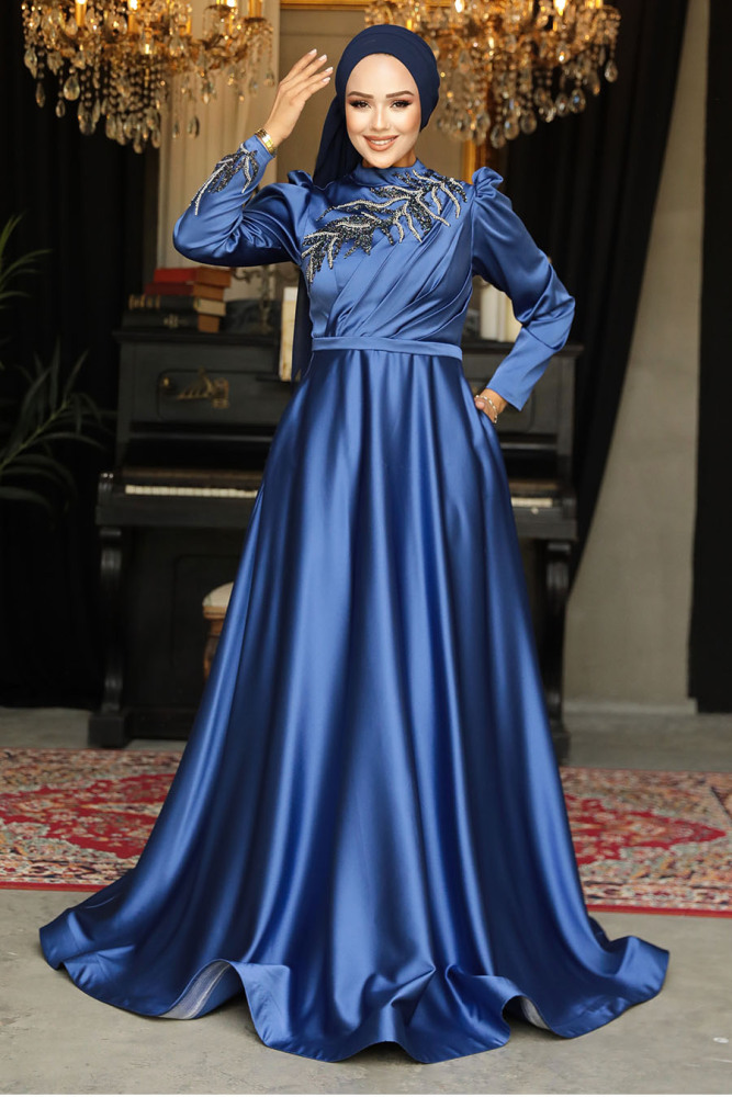 Neva Style - Satin İndigo Blue Hijab Wedding Gown 22401IM - 1