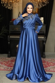 Neva Style - Satin İndigo Blue Hijab Wedding Gown 22401IM - Thumbnail