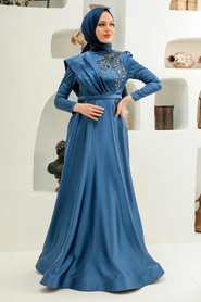Neva Style - Satin İndigo Blue Modest Islamic Clothing Evening Dress 22441IM - Thumbnail