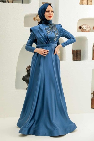 Neva Style - Satin İndigo Blue Modest Islamic Clothing Evening Dress 22441IM - 2