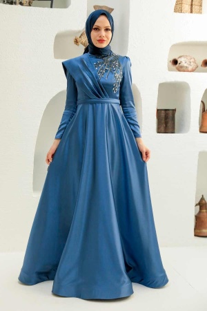 Neva Style - Satin İndigo Blue Modest Islamic Clothing Evening Dress 22441IM - Thumbnail