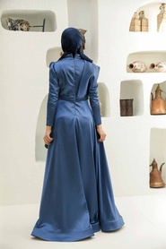 Neva Style - Satin İndigo Blue Modest Islamic Clothing Evening Dress 22441IM - Thumbnail