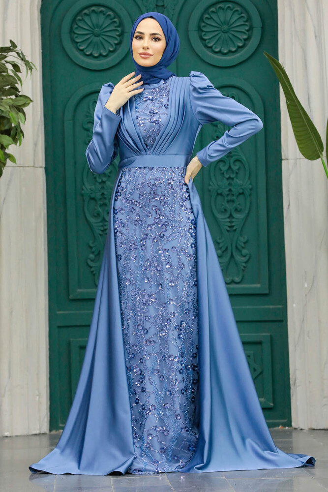 Satin İndigo Blue Muslim Wedding Gown 23082IM - 1