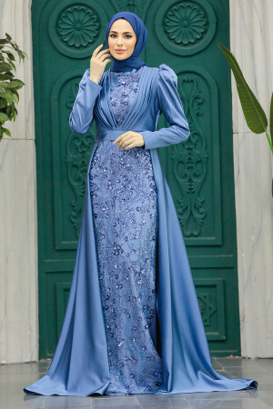 Satin İndigo Blue Muslim Wedding Gown 23082IM - 2