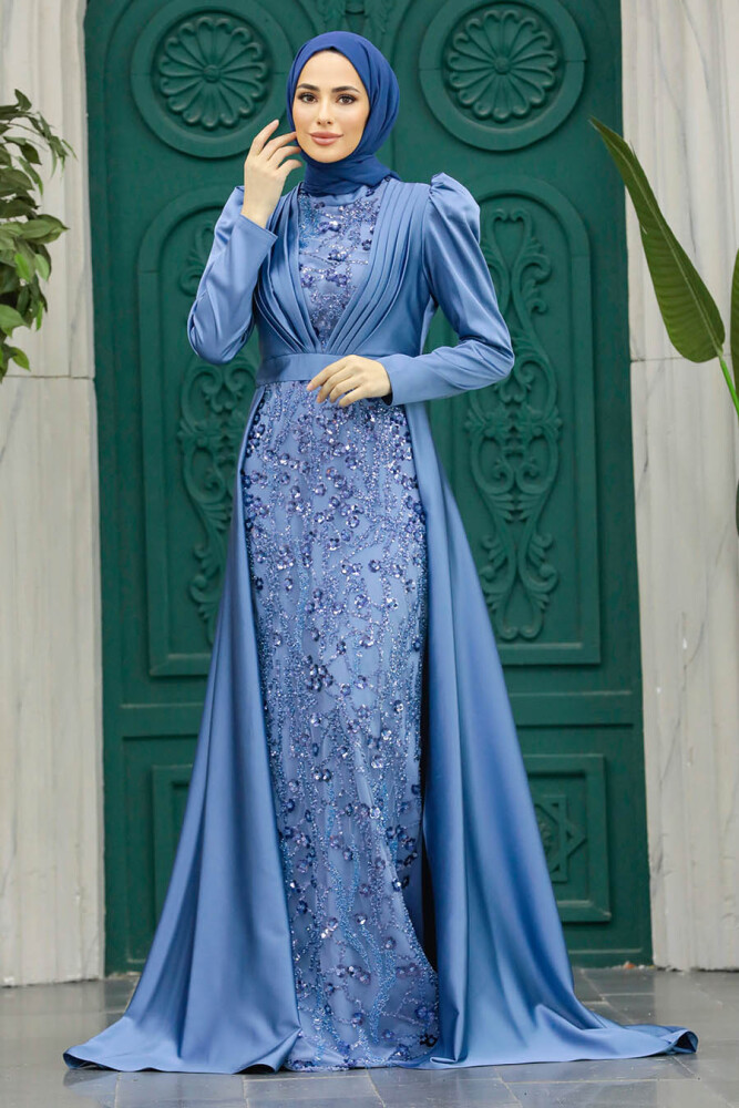 Satin İndigo Blue Muslim Wedding Gown 23082IM - 2