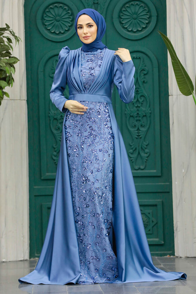 Satin İndigo Blue Muslim Wedding Gown 23082IM - 3