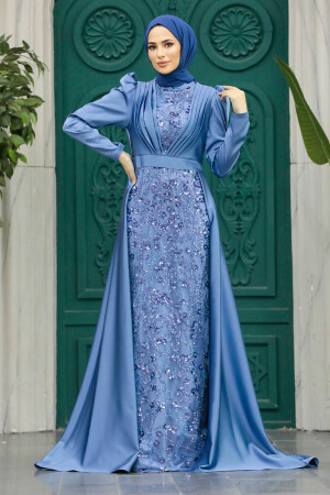 Satin İndigo Blue Muslim Wedding Gown 23082IM - 4