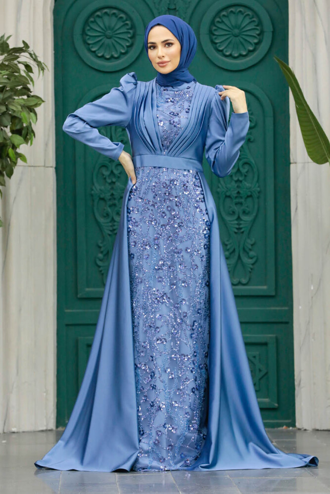 Satin İndigo Blue Muslim Wedding Gown 23082IM - 4