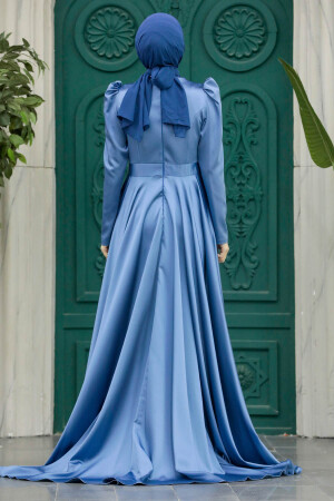 Satin İndigo Blue Muslim Wedding Gown 23082IM - 5