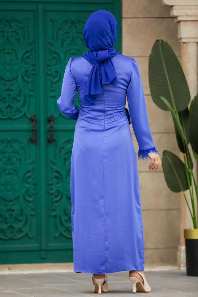 Satin İndigo Blue Muslim Wedding Gown 5921IM - 3