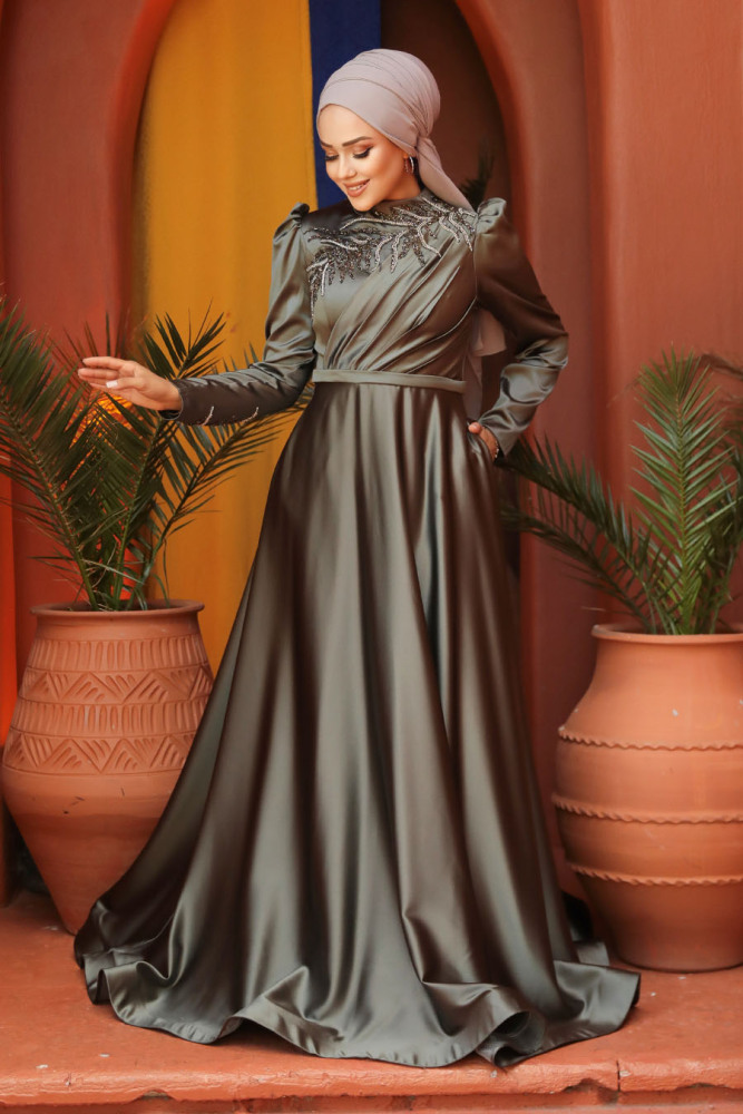 Neva Style - Satin Khaki Hijab Hijab Wedding Gown 22401HK - 2