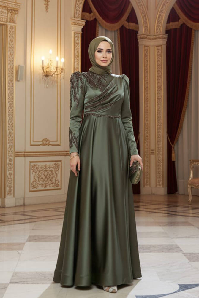 Neva Style - Satin Khaki Hijab Prom Dress 2239HK - 1