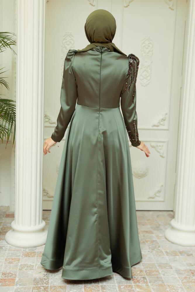 Neva Style - Satin Khaki Hijab Prom Dress 2239HK - 2