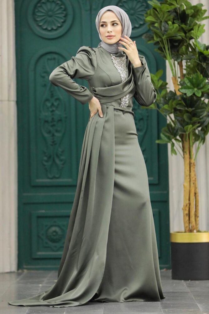 Satin Khaki Hijab Wedding Dress 22891HK - 4