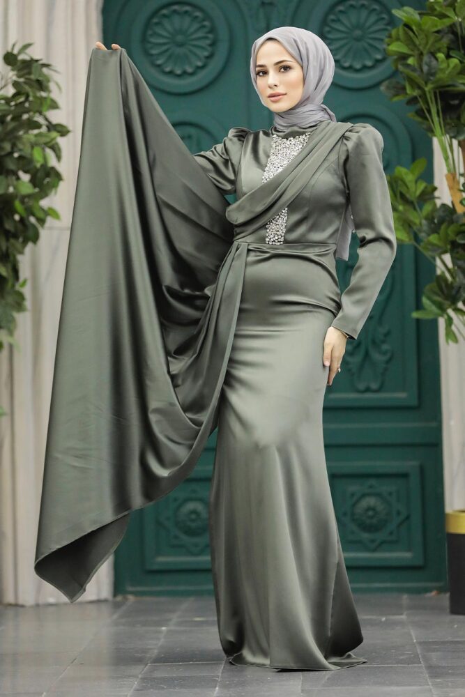 Satin Khaki Hijab Wedding Dress 22891HK - 2