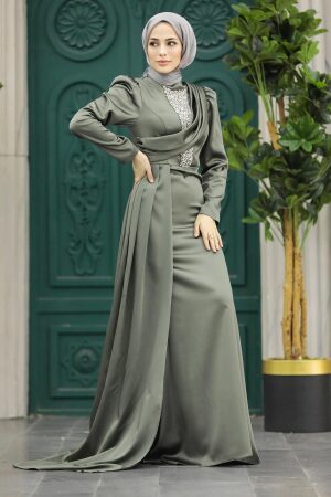 Satin Khaki Hijab Wedding Dress 22891HK - 1