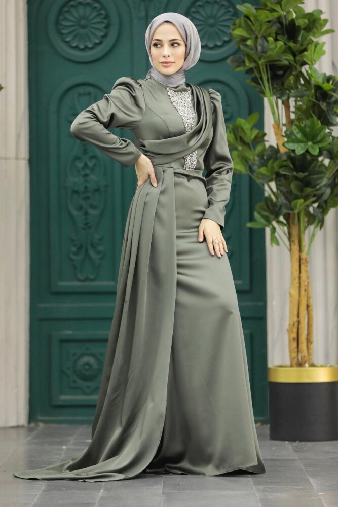 Satin Khaki Hijab Wedding Dress 22891HK - 1