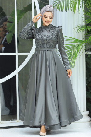 Satin Khaki Islamic Evening Dress 23191HK - 2