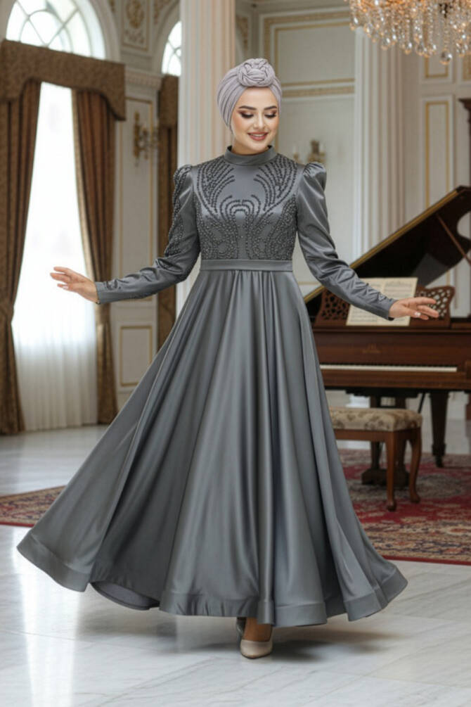 Satin Khaki Islamic Evening Dress 23191HK - 1