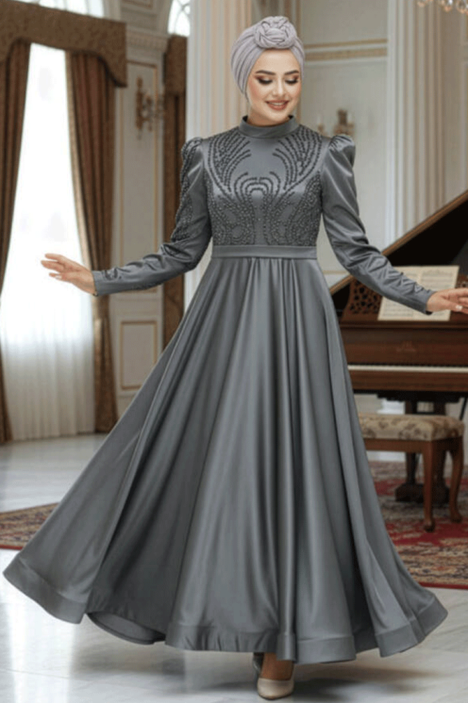 Satin Khaki Islamic Evening Dress 23191HK - 1