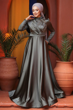 Neva Style - Satin Khaki Modest Islamic Clothing Evening Dress 22441HK - 1