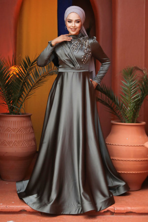 Neva Style - Satin Khaki Modest Islamic Clothing Evening Dress 22441HK - 2