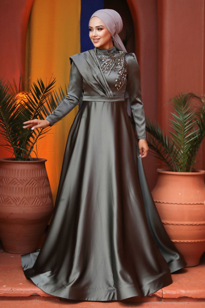 Neva Style - Satin Khaki Modest Islamic Clothing Evening Dress 22441HK - 3