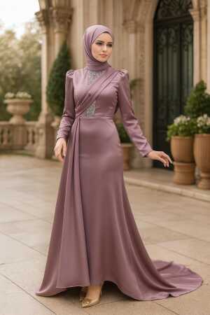 Satin Lila Hijab Wedding Dress 22891LILA - 1