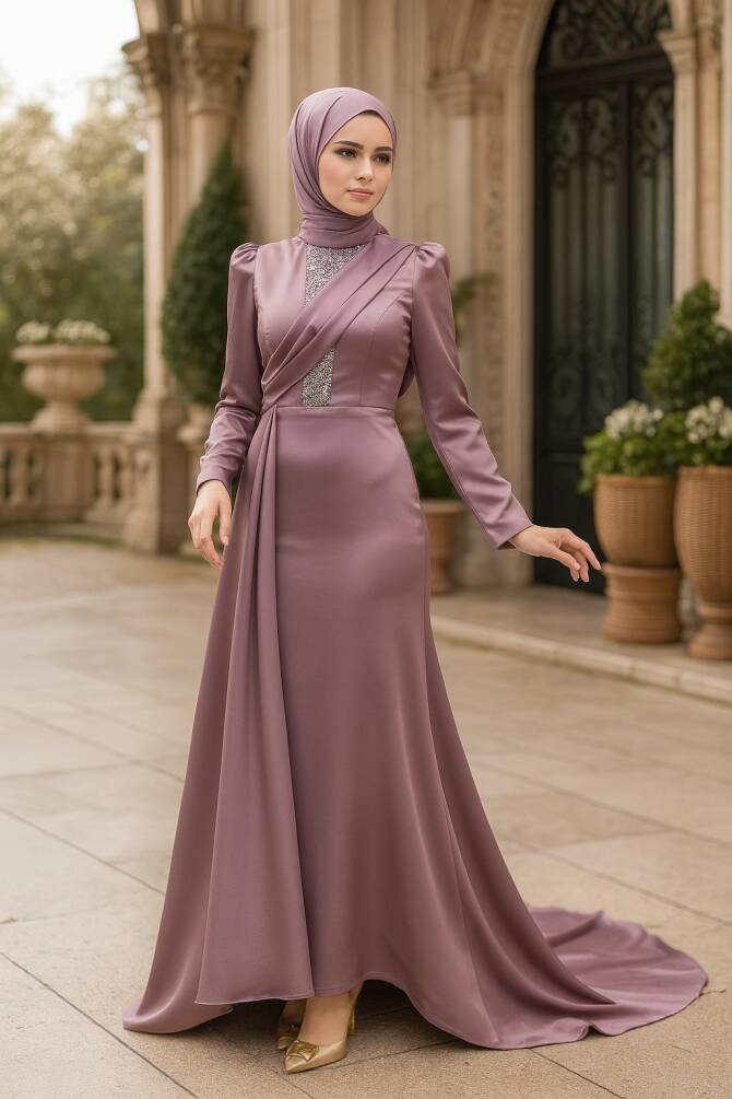 Satin Lila Hijab Wedding Dress 22891LILA - 1
